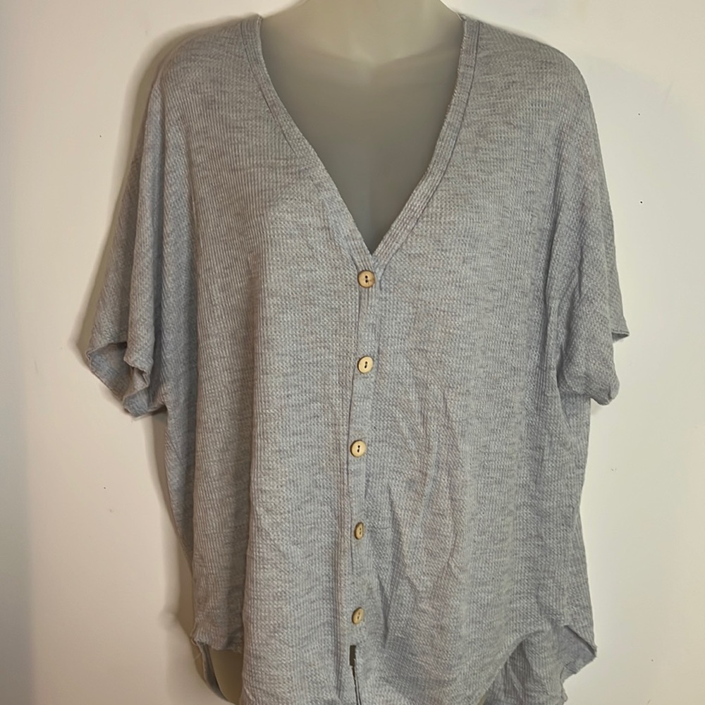 Hummingbird short sleeve waffle weave knit oversized button up v-neck tee shirt